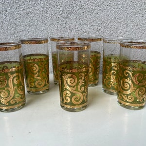Vintage MCM Culver Toledo gold green tall tumblers high ball glasses set 7
