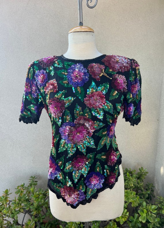 Vintage glam sequin floral top Sz PM by Laurence K