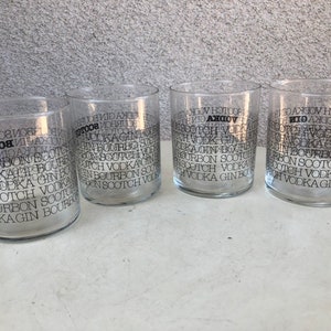 Vintage kitsch barware clear old fashions glasses set 4 black letters imprint Scotch Bourbon Gin Vodka by HBBZ Holds 10 oz image 6