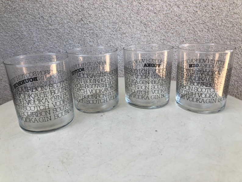 Vintage kitsch barware clear old fashions glasses set 4 black letters imprint Scotch Bourbon Gin Vodka by HBBZ Holds 10 oz image 6