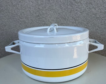Vintage MCM Finel Arabia Finland Casserole Cookware Pot White Enamel Yellow Black Stripe