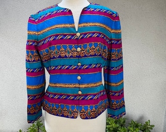Vintage preppy silk jacket top blue burgundy stripe design size 14P by Adrianna Papell