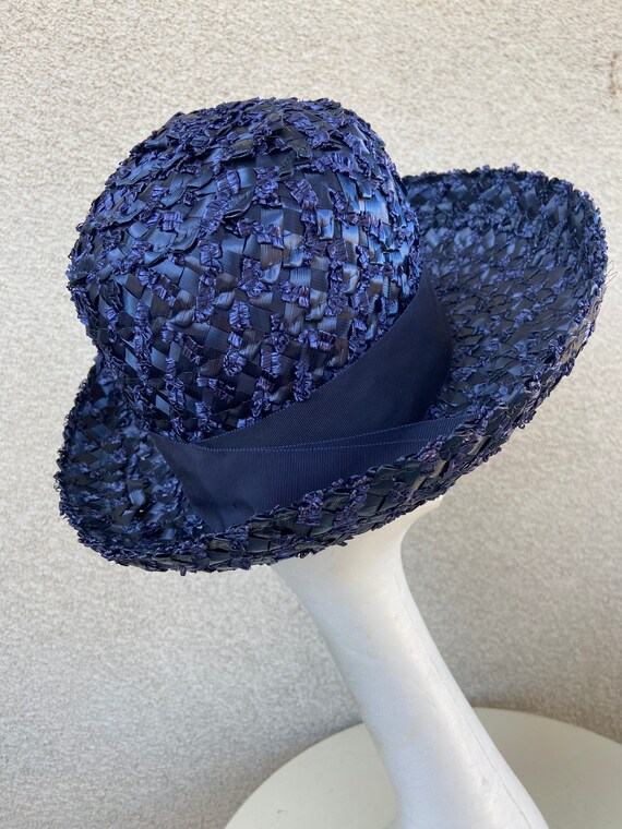 Vintage 70s boater brim navy blue straw cello hat… - image 3