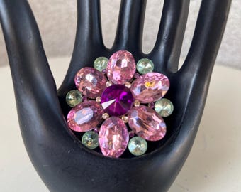 Vintage bold pin brooch flower colorful rhinestones gold tone 2” x 2”