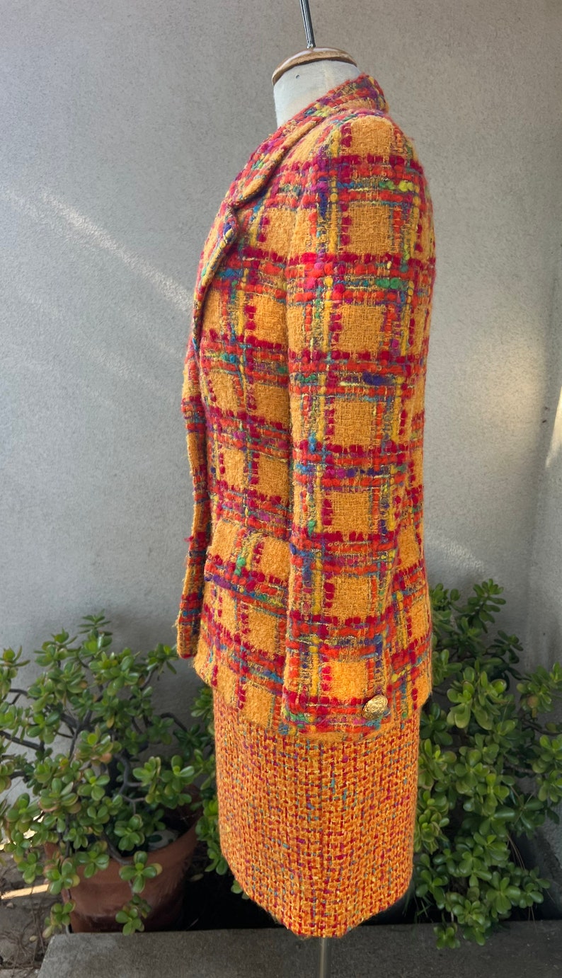 Vintage 80s suit skirt & blazer by Anne Klein orange red plaid tweed knobby mohair wool size 6 image 5