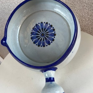 Vintage Ken Edwards large pottery soup bowl with handle blue flower accents size 8.5 x 3.5 image 2