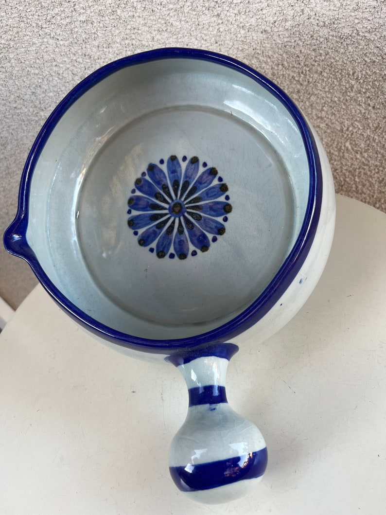 Vintage Ken Edwards large pottery soup bowl with handle blue flower accents size 8.5 x 3.5 image 2