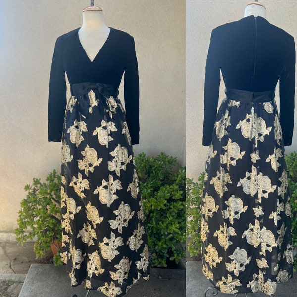 Vintage glamorous maxi evening dress black velvet empire waist gold floral chiffon brocade Sz 6 Small by Roger Milot for Fred Perlberg