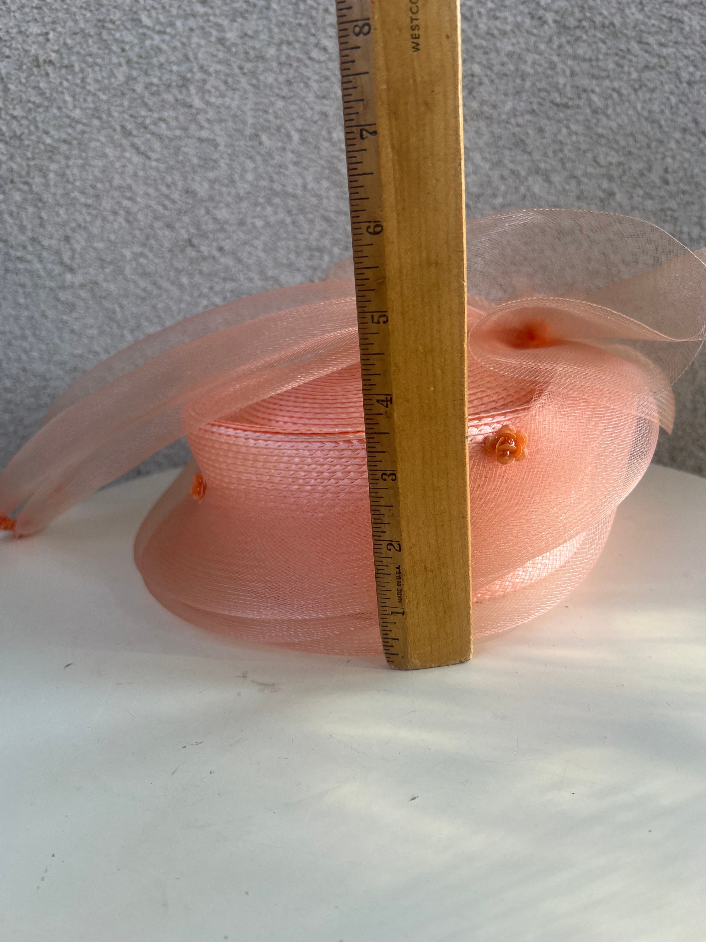 Vintage peach pillow hat netting floral Sz 21.5” 6 7/8 faux straw hat Angeline Alice Millinery | Pink vintage straw pillbox hat  main image 3
