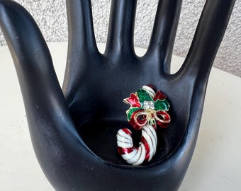 Vintage small pin brooch enamel Christmas candy cane colorful rhinestones
