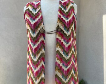 Vintage 70s long vest carpet fabric Chevron print pastels with chain closure custom made Sz S/M