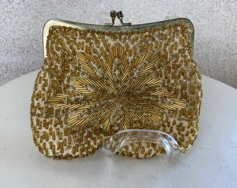 SALE Vintage glam gold beads floral design pouch 6”handbag satin lined by La Regal Ltd Hong Kong