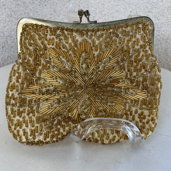 SALE Vintage glam gold beads floral design pouch 6”handbag satin lined by La Regal Ltd Hong Kong