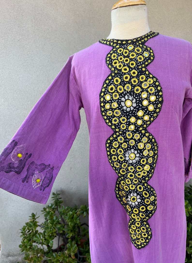 Vintage 60s hippie maxi kaftan purple cotton with mirror embroidery beads sz S/M by Y.M. Garments image 5