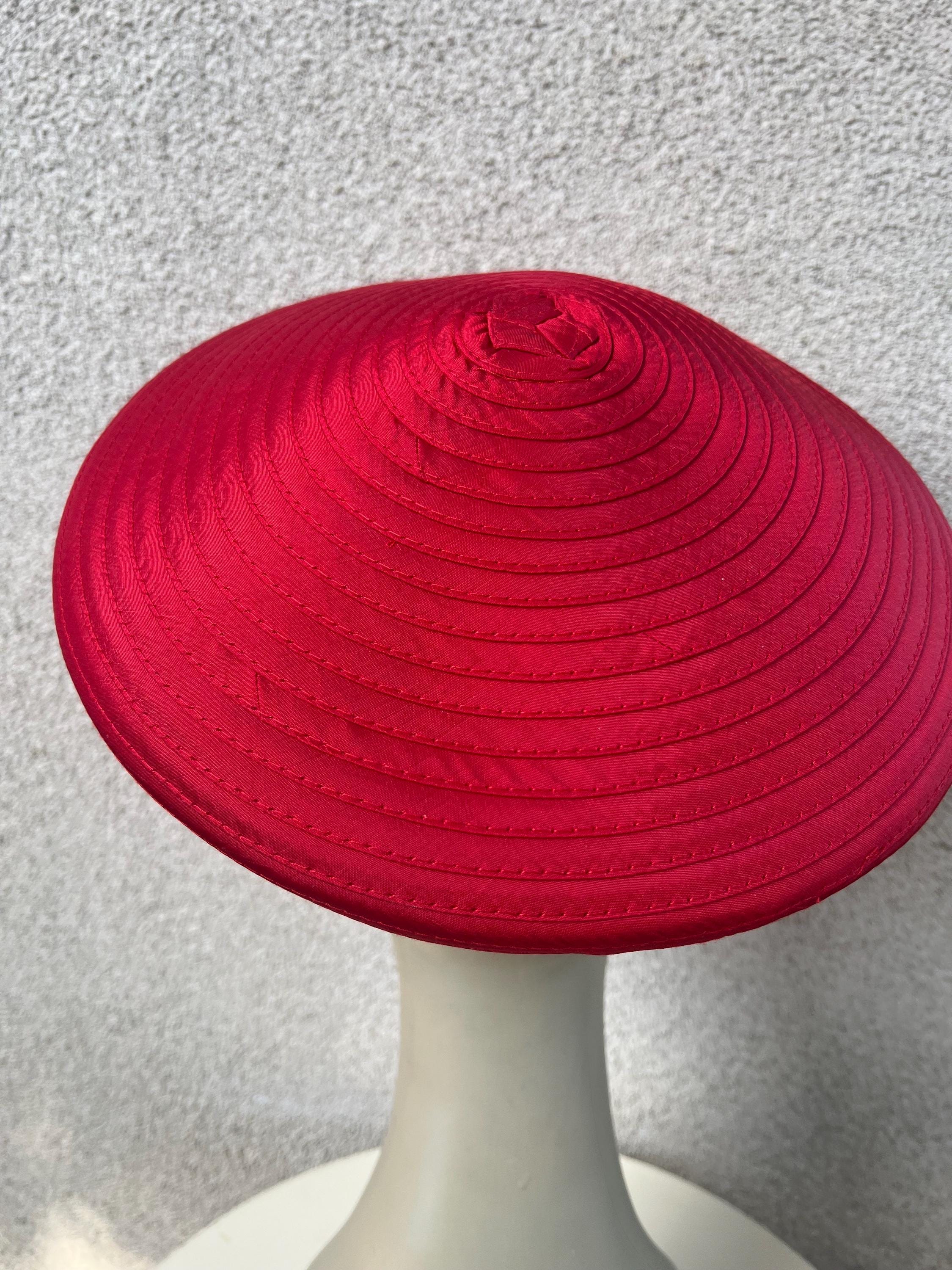 Vintage Pierra Millinery red bucket brim hat ribbed bow rhinestones trim 22” 7 Vintage Pierra Millinery Red Bucket Hat: Rhinestone Bow Trim  main image 3