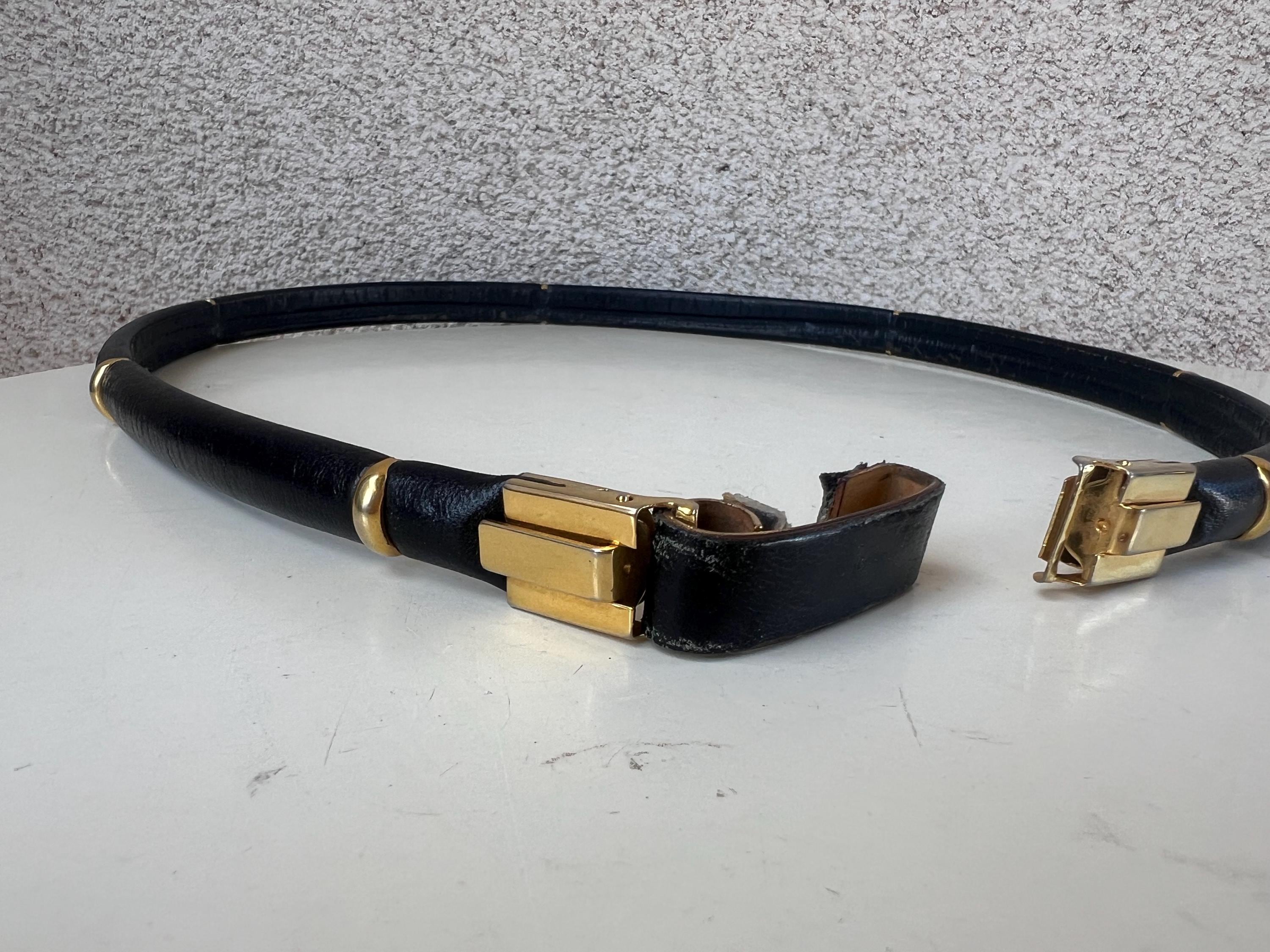 Vintage 80s waist skinny belt black round leather gold tone accents fits 29” Vintage 80s Black Leather Skinny Belt: Gold Tone Accents  main image 4