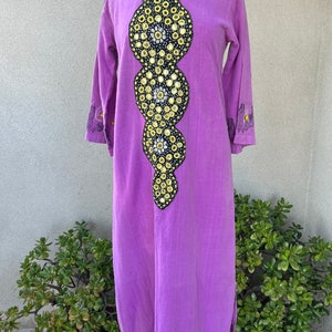 Vintage 60s hippie maxi kaftan purple cotton with mirror embroidery beads sz S/M by Y.M. Garments image 1