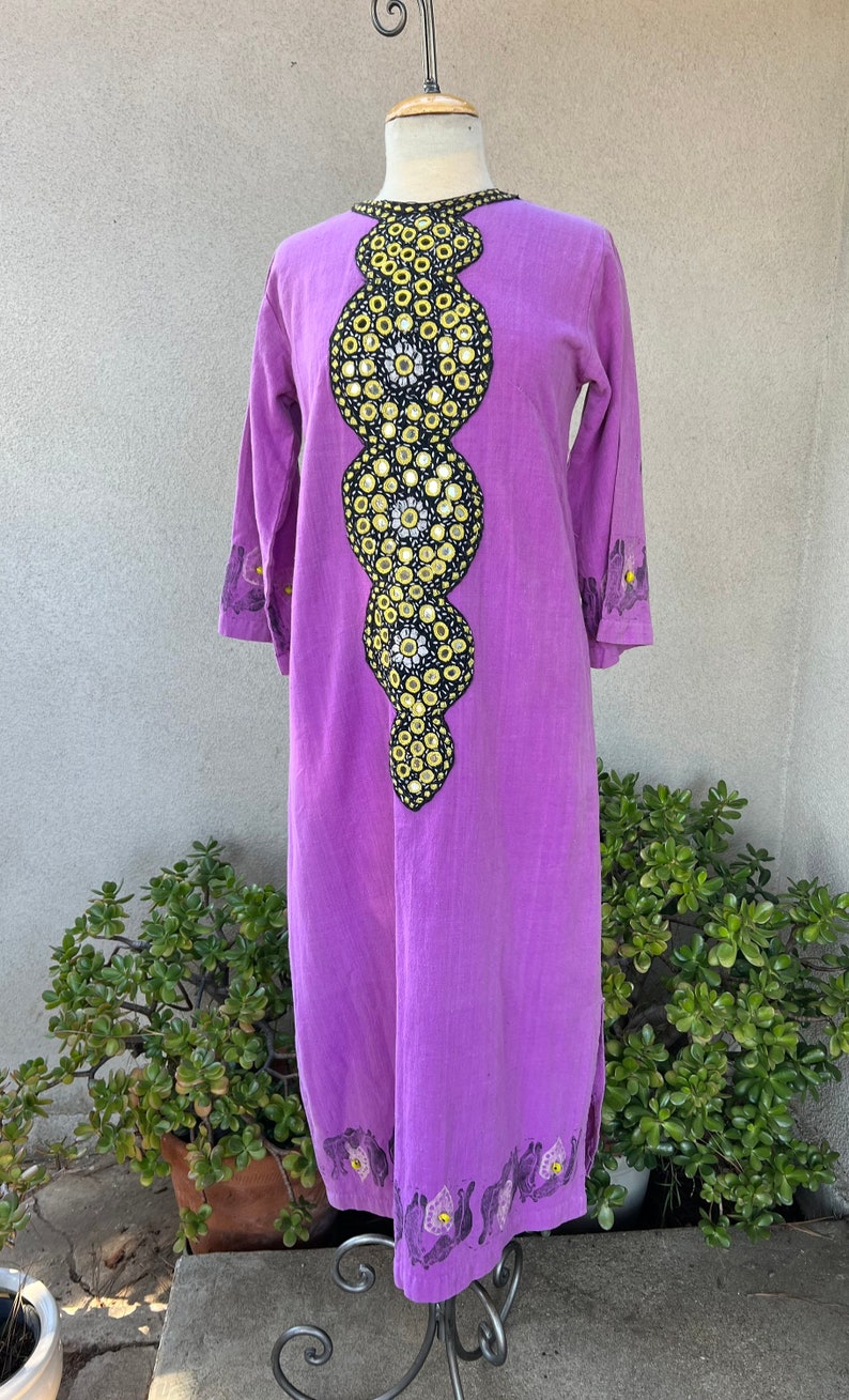 Vintage 60s hippie maxi kaftan purple cotton with mirror embroidery beads sz S/M by Y.M. Garments image 1