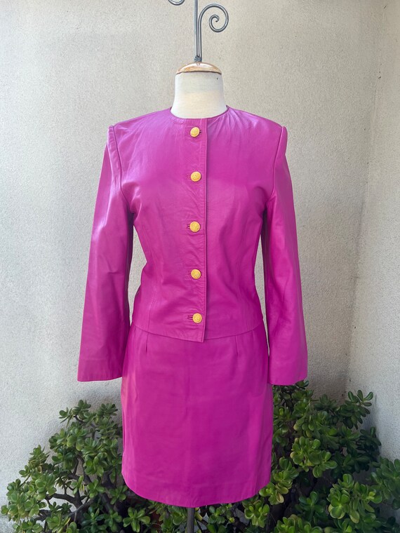 Pink leather skirt suit cheap