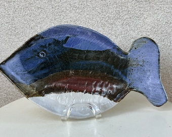 Vintage studio pottery art fish platter plate blues browns sand colors  signed size 14” x 8”