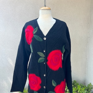 Vintage Susan Bristol boho wool cardigan black with red flowers Sz S image 1