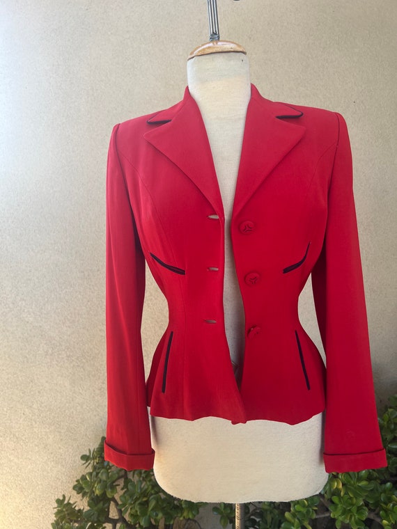 Vintage 1950s blazer jacket peplum style red wool… - image 8