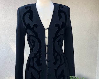 Vintage wounded bird eveningwear black wool jacket velvet trim sz S Andrea Jovine