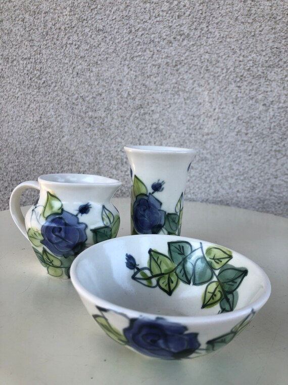 Vintage Set 3 Creamer Sugar Bowl and Mini Vase Blue Flower Floral Porcelain  by Ben Thomas Made in England -  Canada