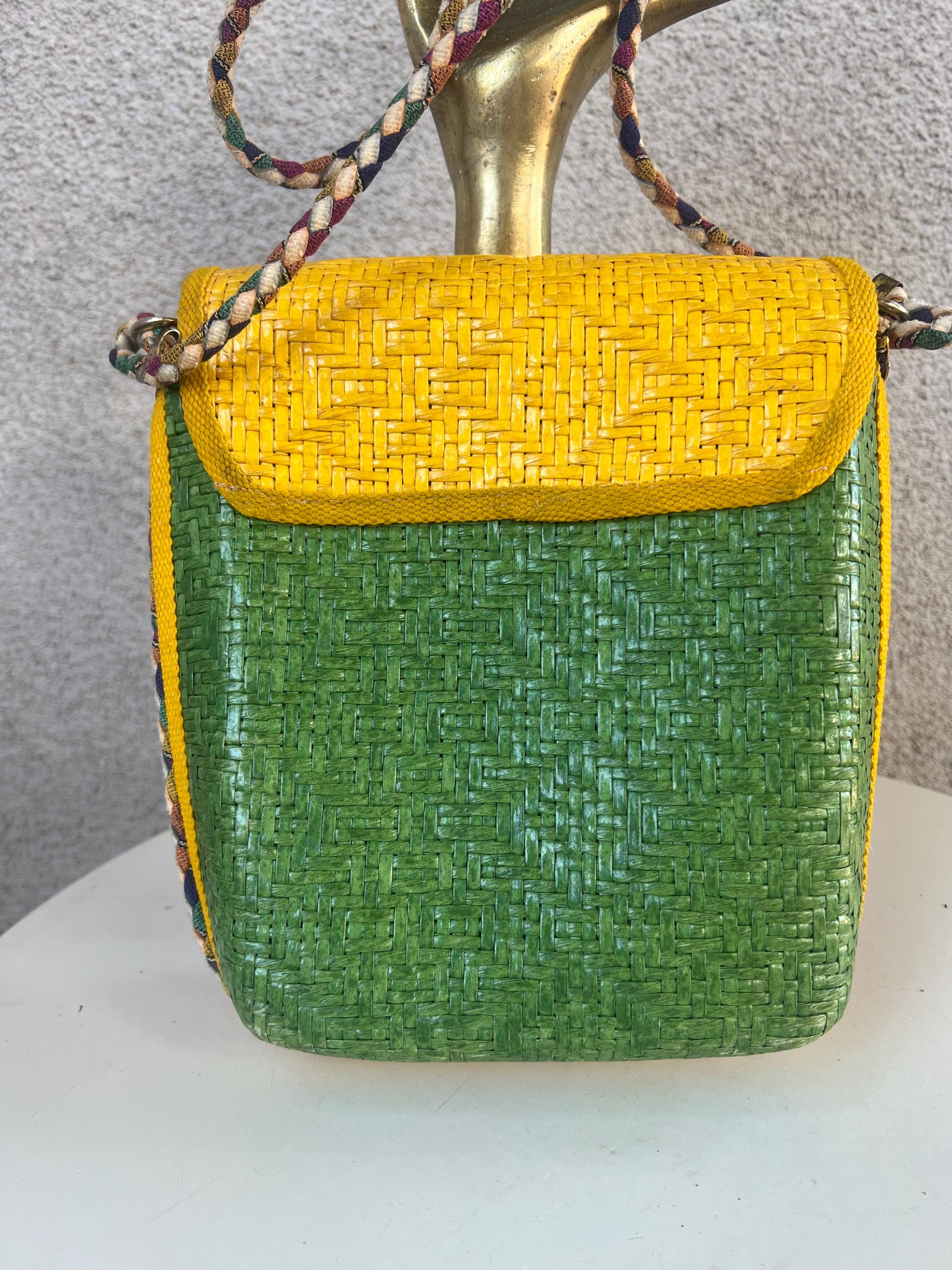 60's〜70's old yellow woven zip bag イエロー