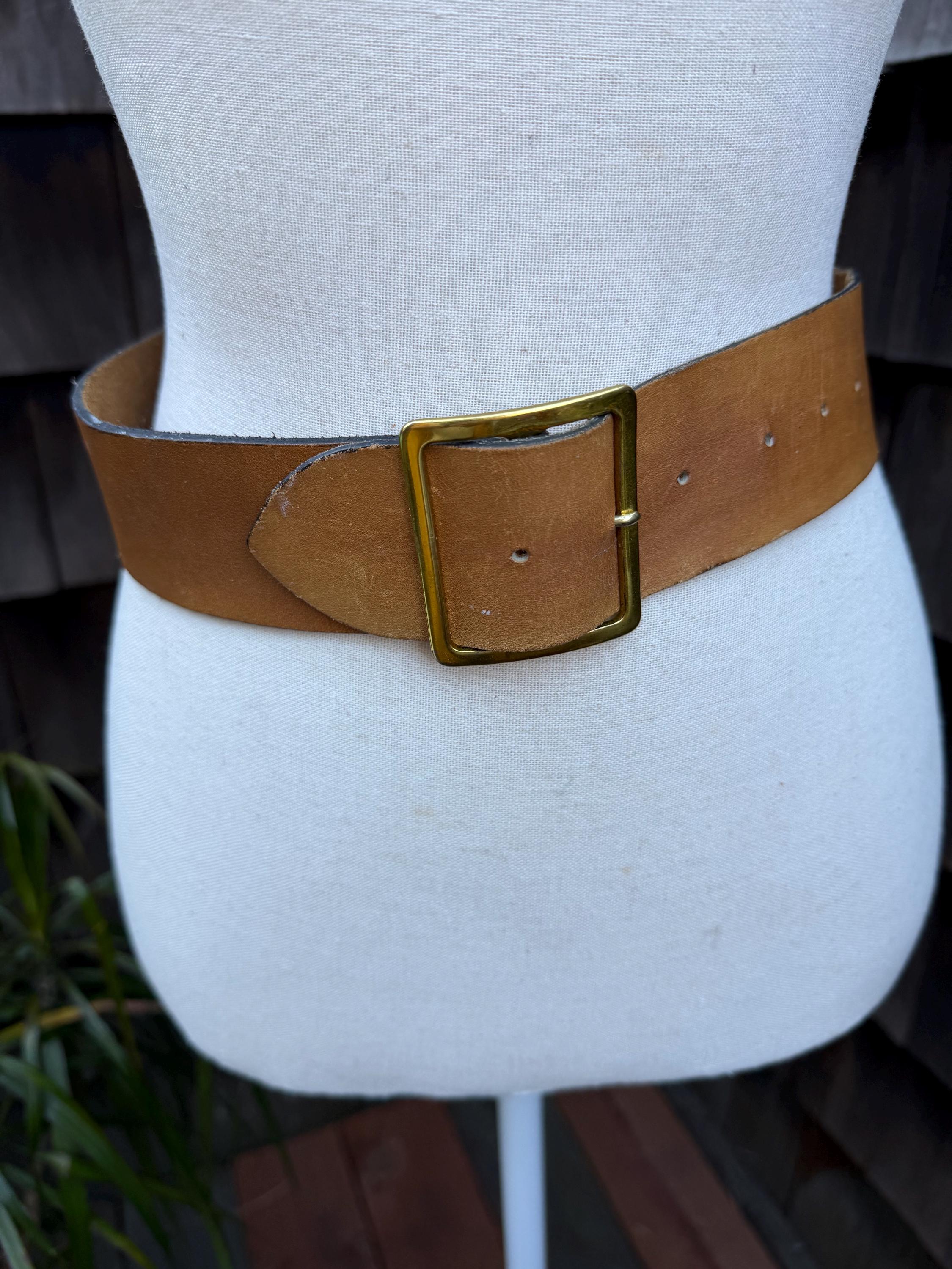 Vintage Wide Waist Belt Buckle Carmel Brown Leather Brass 