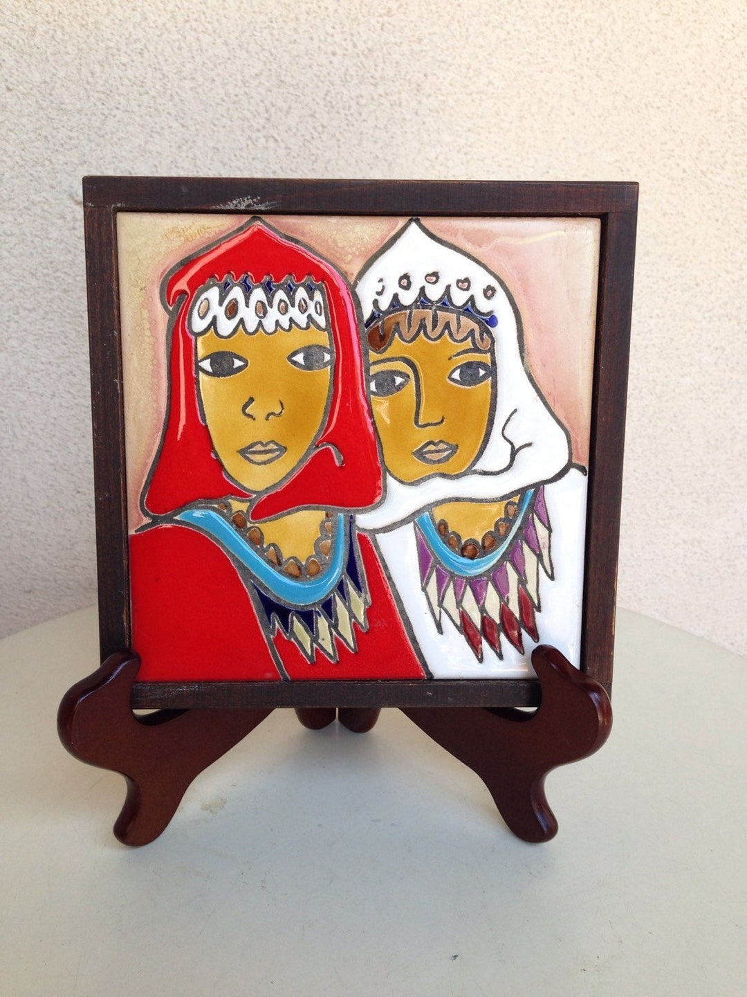 Vintage Ceramic Tile Art Israel Women by Touch Wood Ltd Hand Painted 7 ...