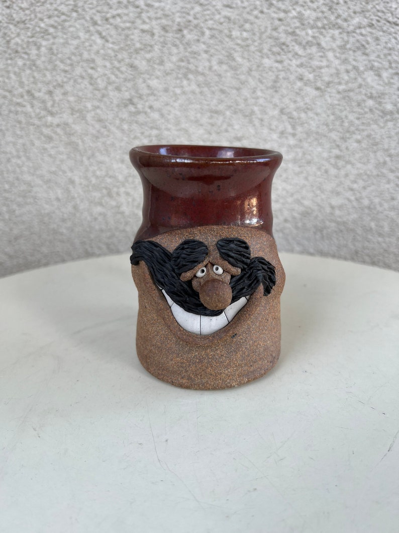 Vintage stoneware studio art pottery brown mug mustache man face brown glaze image 2