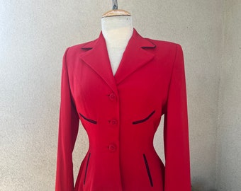 Vintage 1950s blazer jacket peplum style red wool black piping Sz S Solmar Inc