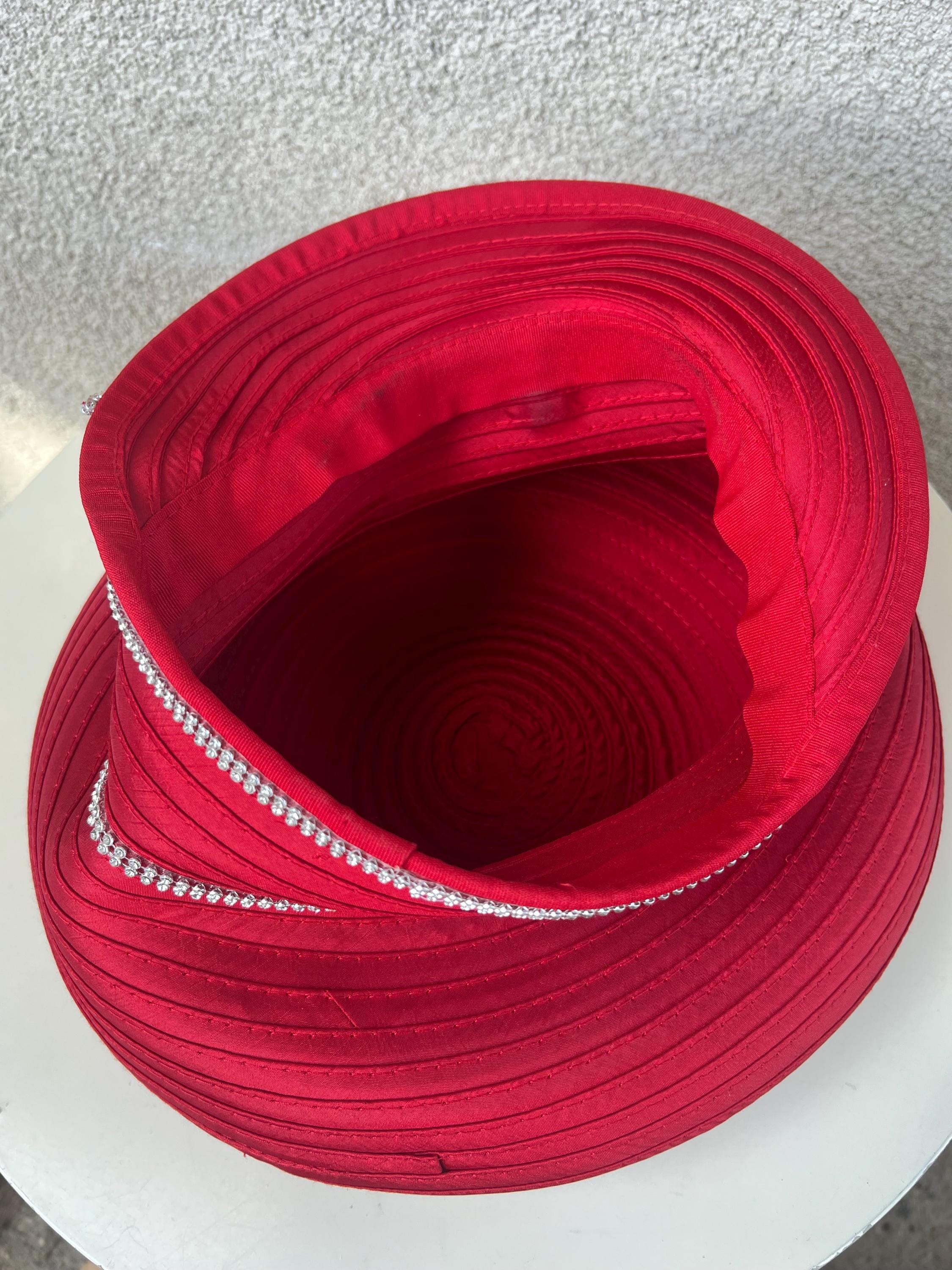 Vintage Pierra Millinery Red Bucket Hat: Rhinestone Bow Trim  display picture 3