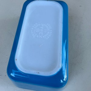 Vintage blue Pyrex small rectangular milk glass baking pan white snowflake 0502 1.5 pt image 5