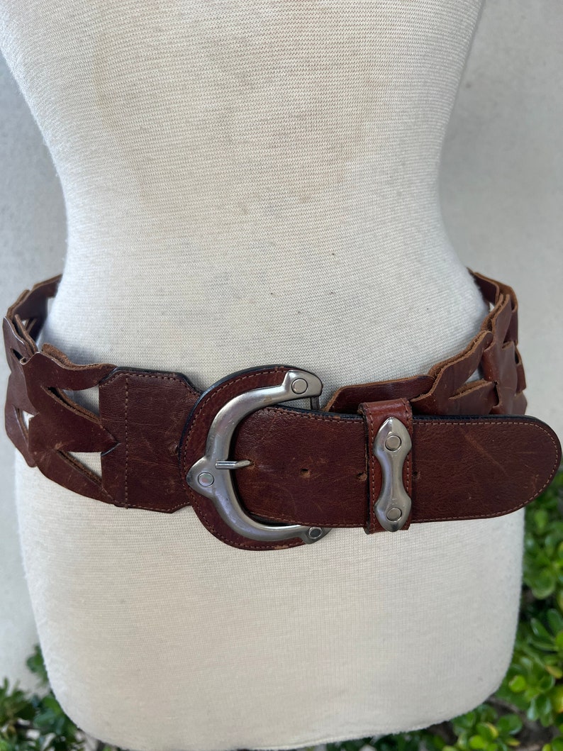 Vintage boho belt brown leather wide cutouts fits 31-35 L Streets Ahead image 2