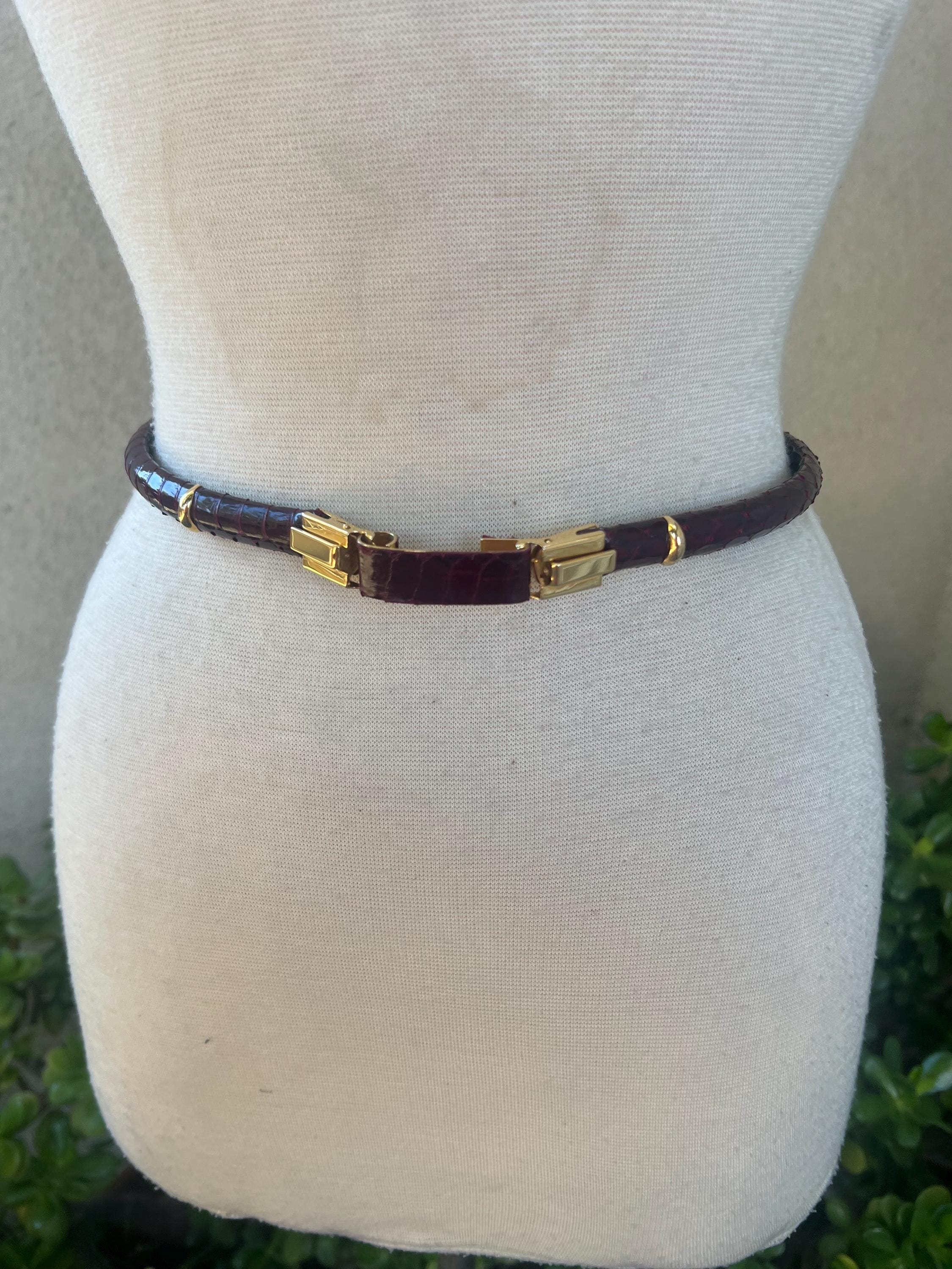 Vintage 80s Burgundy Reptile Leather Belt: Gold Tone Buckle 