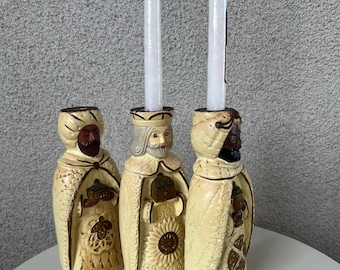Vintage 3 wise kings candleholder set paper mache by Wales made in Japan.