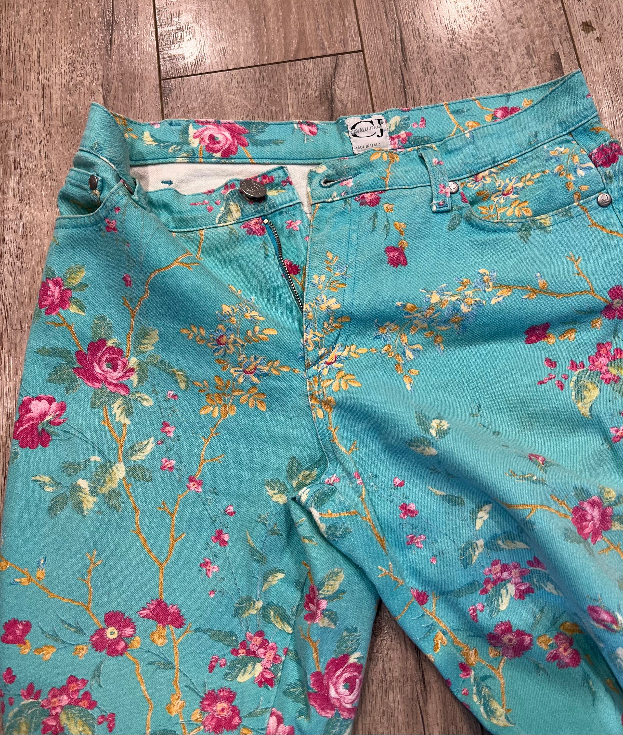 CAVALLI JEANS 花柄カジュアルパンツ 水色　イタリア製　ビンテージ Vintage Cavalli Jeans Blues Floral Sz 29” Made in Italy Pockets