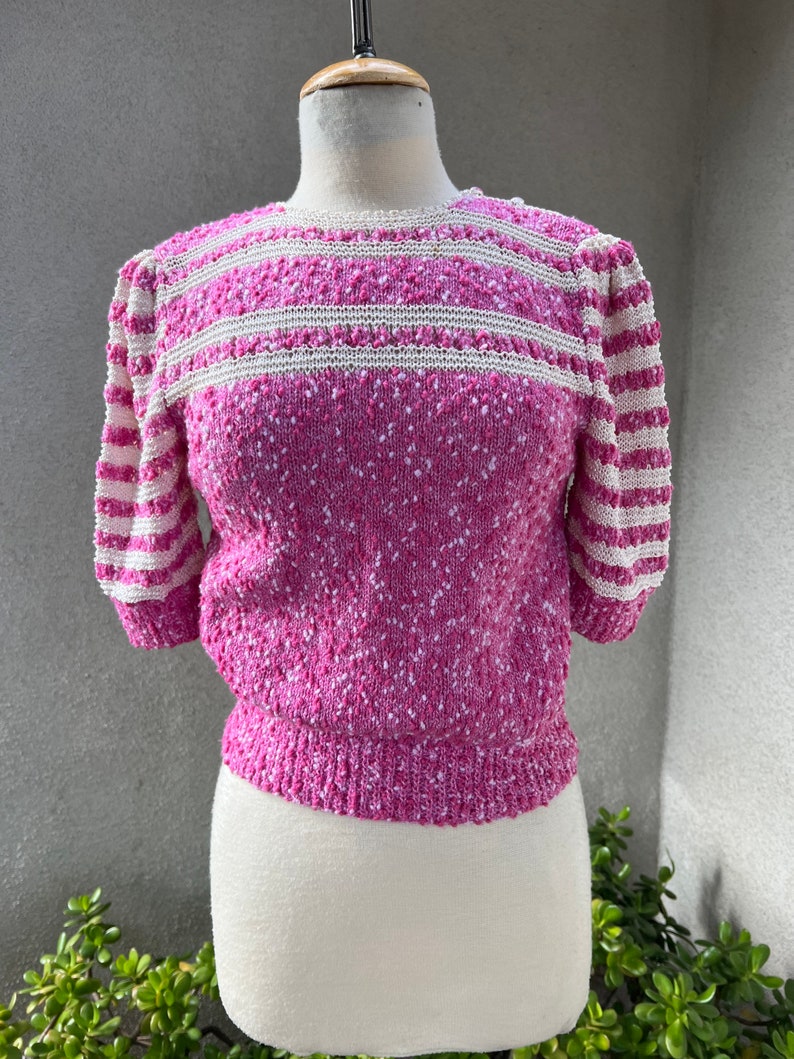 Vintage vibrate pinks stripe white handmade crochet knit top S/M image 1