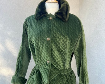 Vintage 80s KAOS by Andy Johns dark green velvet quilted jacket faux fur collar Sz S