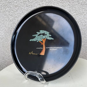 Vintage kitsch Couroc black small round tray colorful tree theme inlaid 10.5” x 1/2”