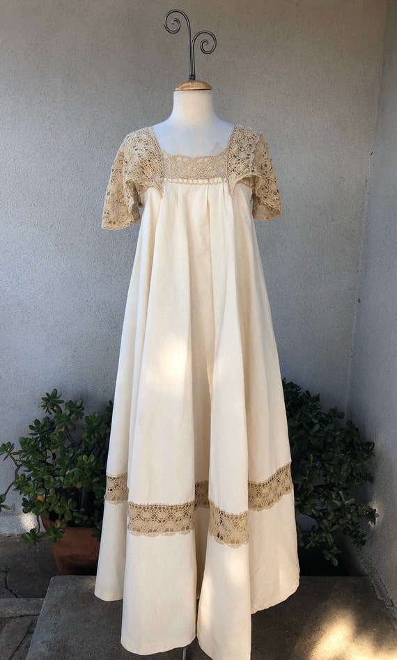 Vintage Mexican  dress beige cotton muslin crochet
