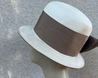 Vintage white straw bowler style hat taupe grosgrain ribbon pin 22 Bullocks Vintage White Straw Bowler Hat: Taupe Grosgrain Ribbon, Hat  main image 4
