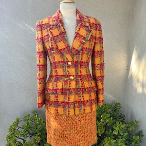 Vintage 80s suit skirt & blazer by Anne Klein orange red plaid tweed knobby mohair wool size 6 image 1