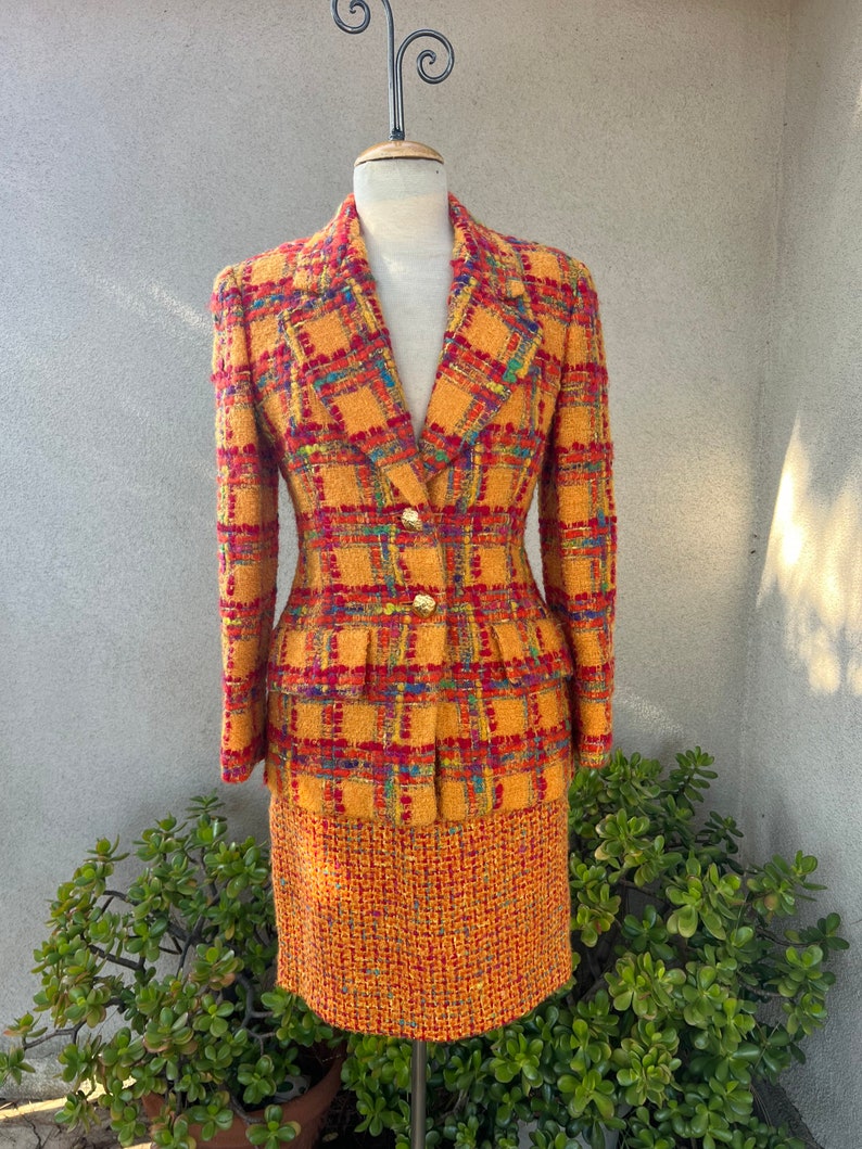 Vintage 80s suit skirt & blazer by Anne Klein orange red plaid tweed knobby mohair wool size 6 image 1