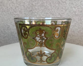 Vintage Modern Culver Starlyte glass ice bucket gold 22K green frosted size 5” x 6”.