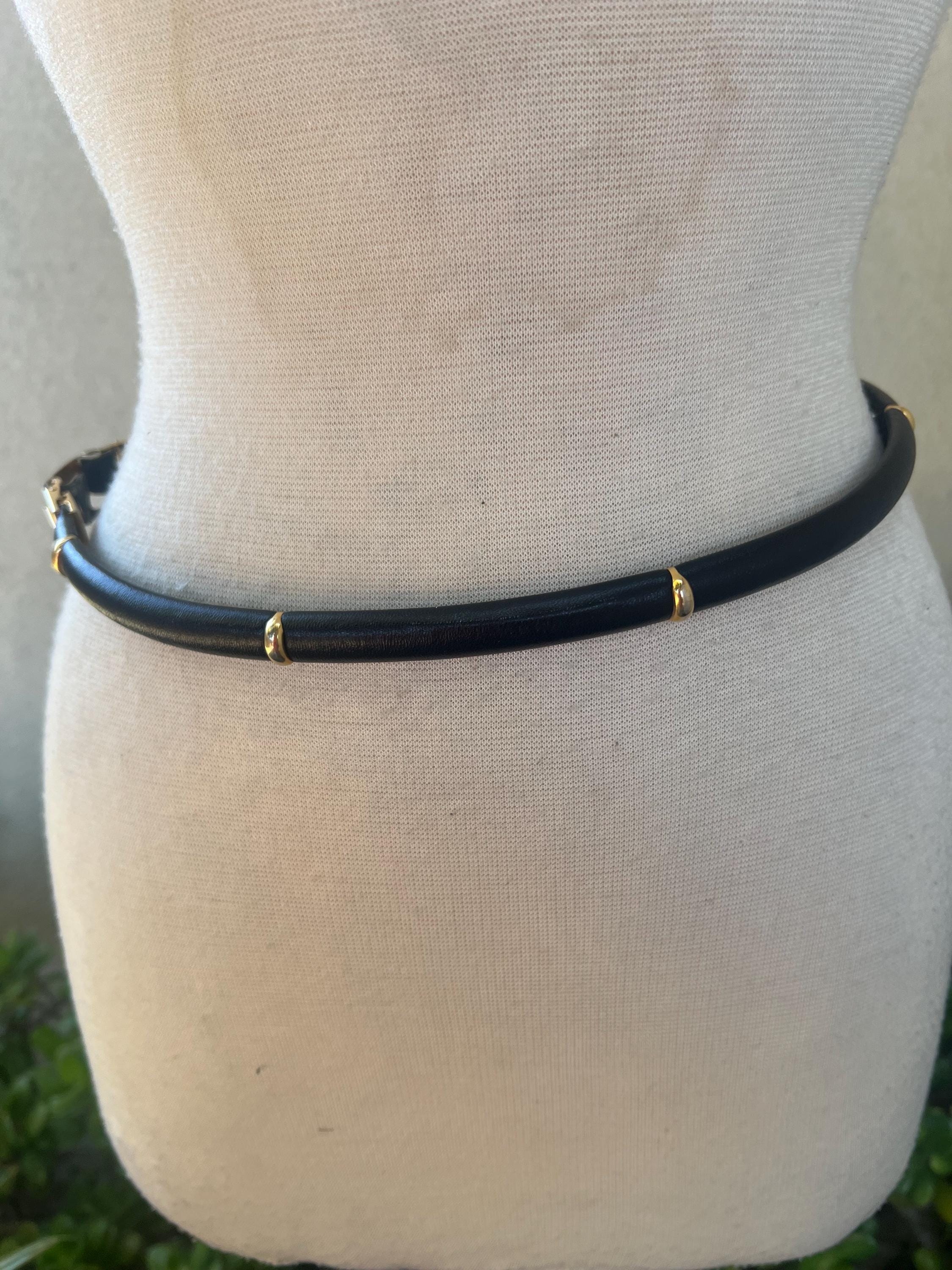 Vintage 80s Black Leather Skinny Belt: Gold Tone Accents  display picture 2