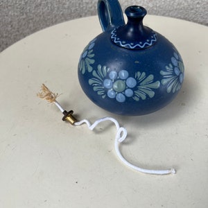 Vintage cottage chic blue green floral Mini pottery oil lamp signed image 8