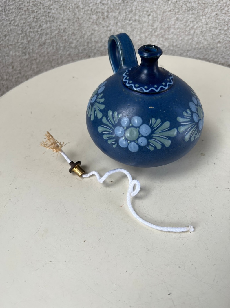 Vintage cottage chic blue green floral Mini pottery oil lamp signed image 8